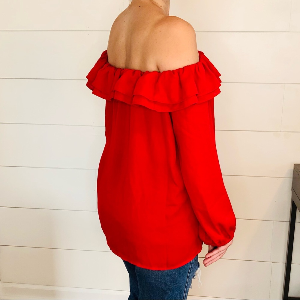 *SOLD* J. Crew Off the Shoulder Ruffle Red Blouse - Picture 4 of 8